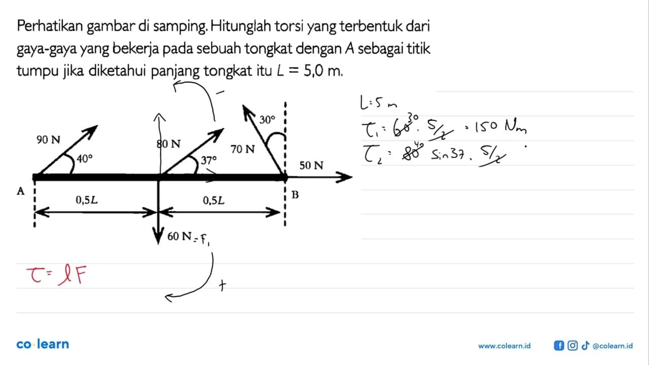 Perhatikan gambar di samping. Hitunglah torsi yang