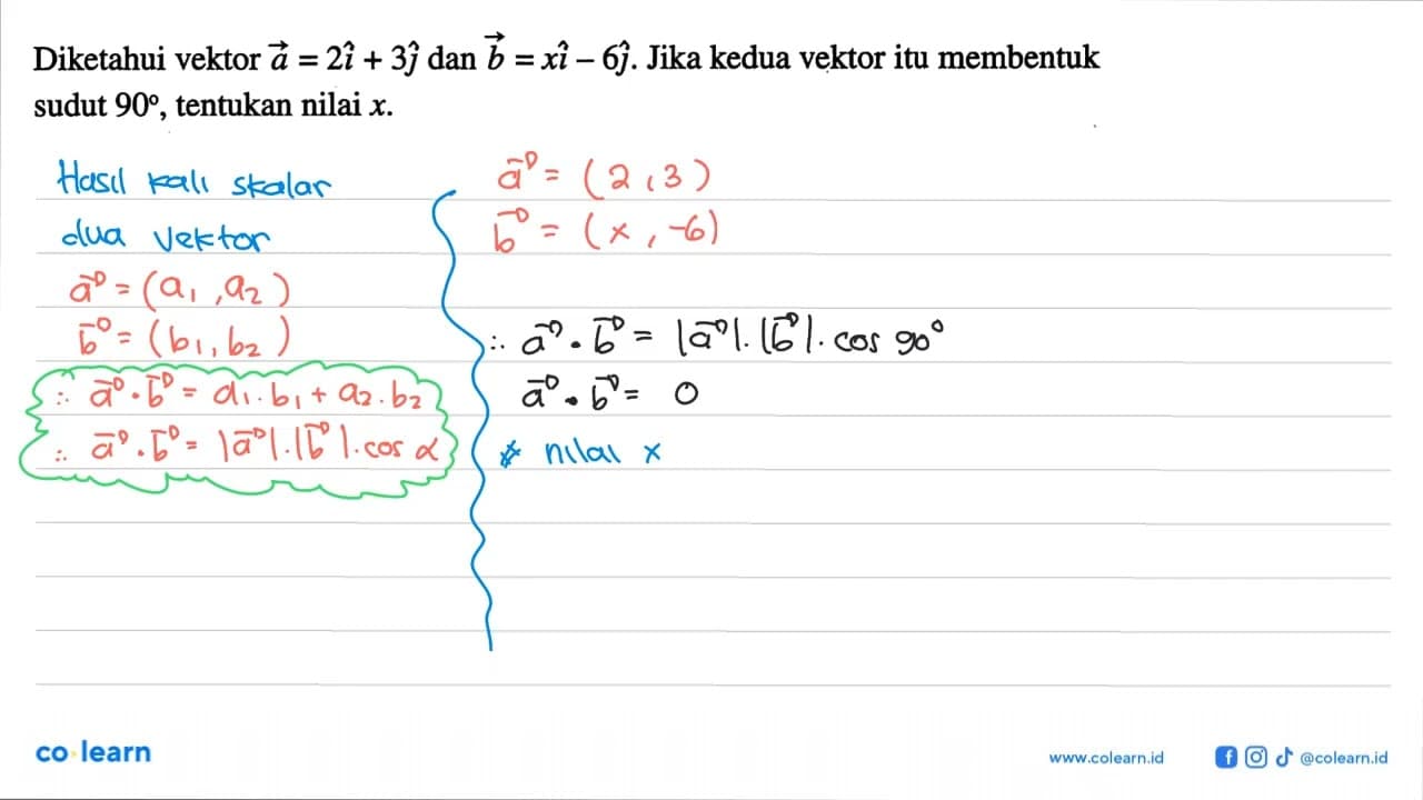 Diketahui vektor a=2 i+3 j dan b=x i-6 j . Jika kedua