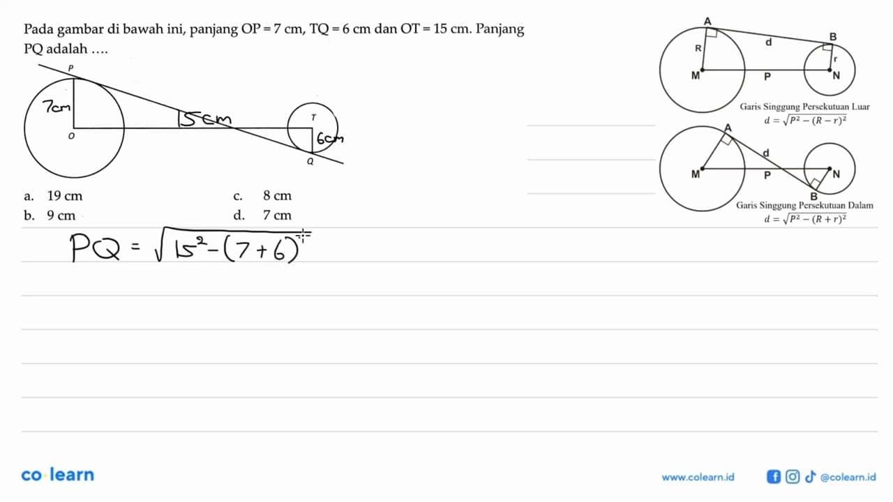 Pada gambar di bawah ini, panjang OP=7 cm, TQ=6 cm dan