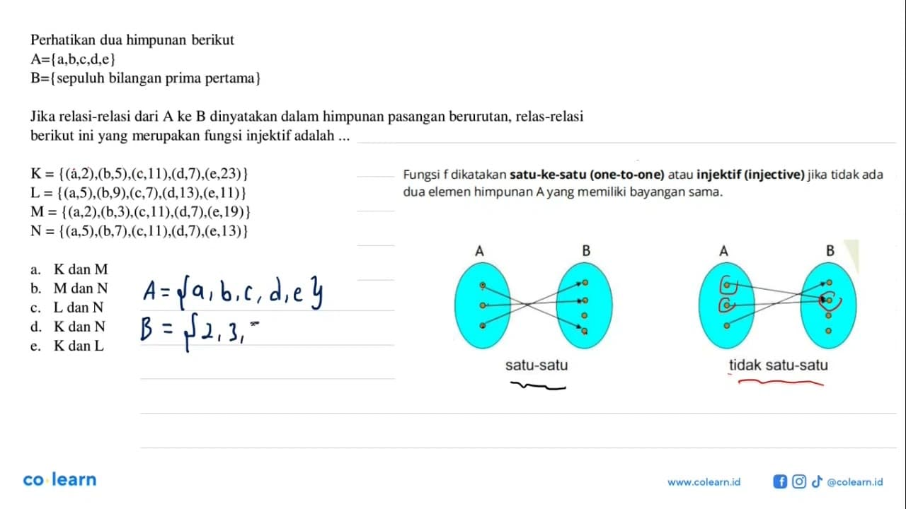 Perhatikan dua himpunan berikut A={a,b,c,d,e} B={sepuluh