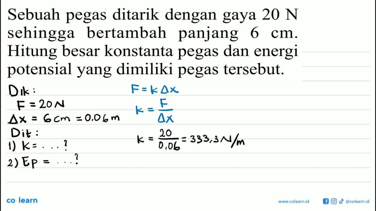 Sebuah pegas ditarik dengan gaya 20 N sehingga bertambah