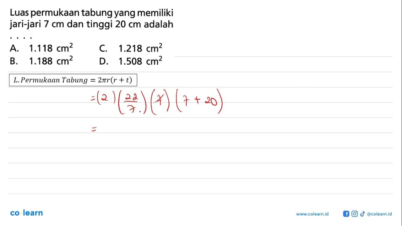 Luas permukaan tabung yang memiliki jari-jari 7 cm dan