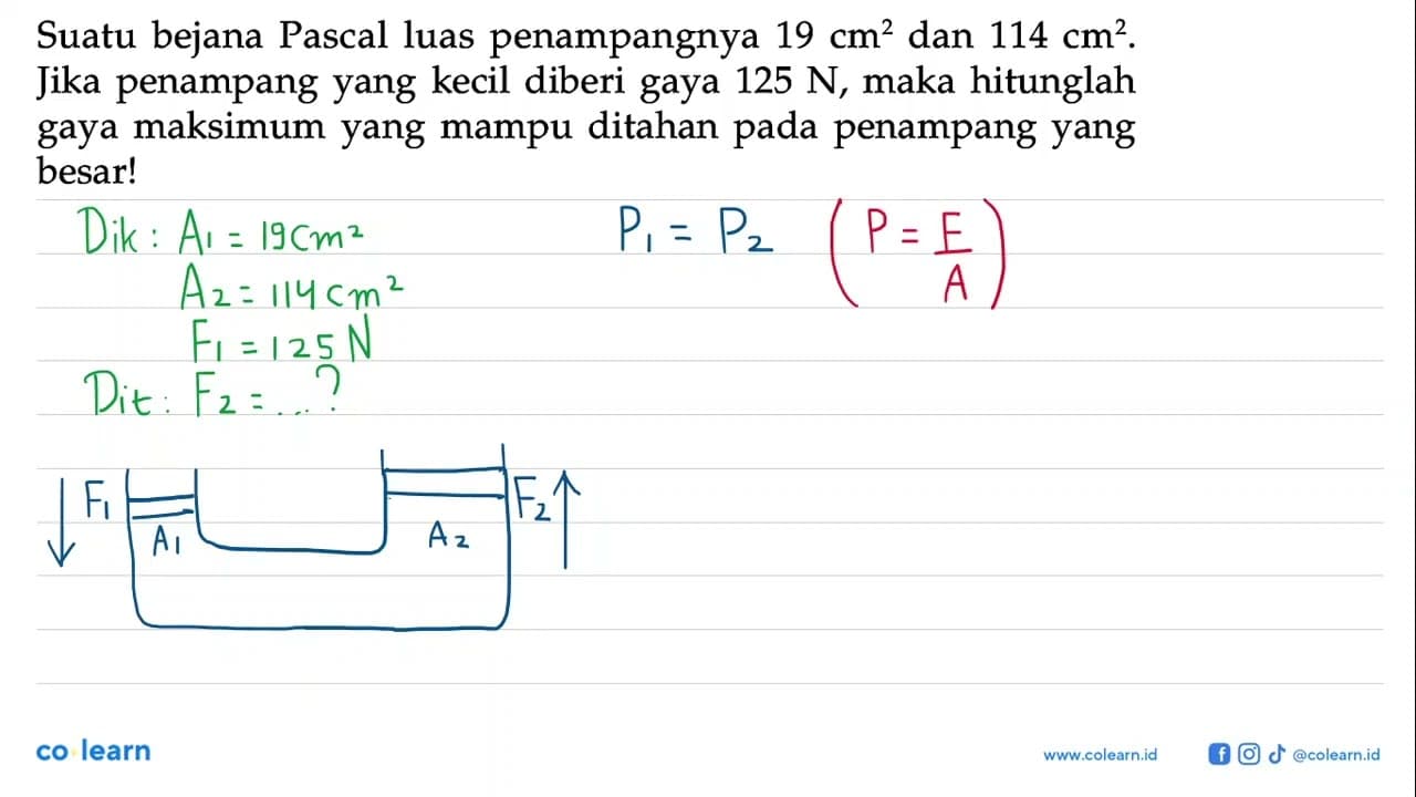 Suatu bejana Pascal luas penampangnya 19 cm^2 dan 114 cm^2.