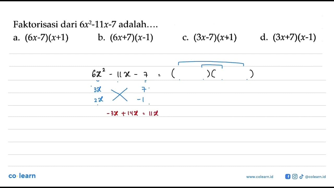 Faktorisasi dari 6x^2 - 11x - 7 adalah ....