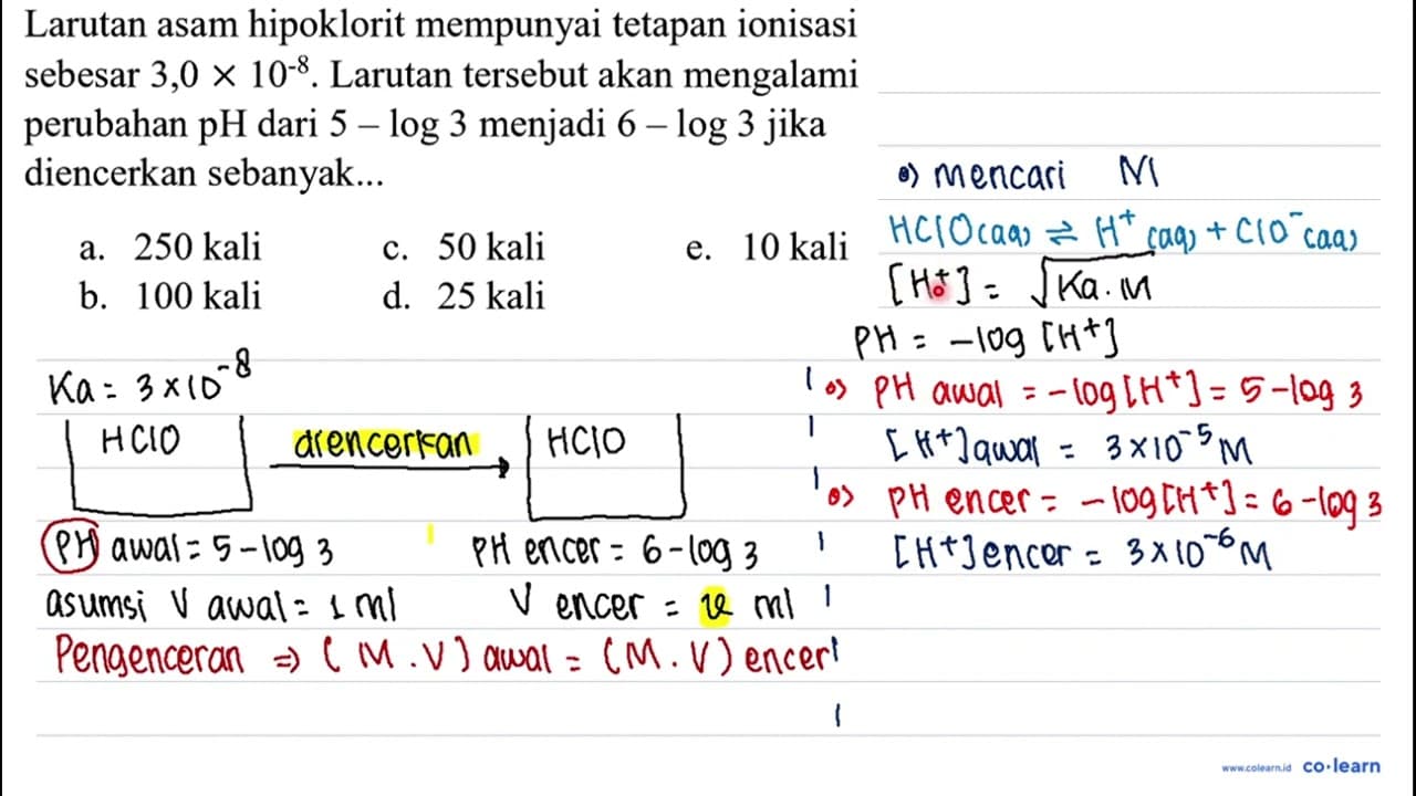 Larutan asam hipoklorit mempunyai tetapan ionisasi sebesar