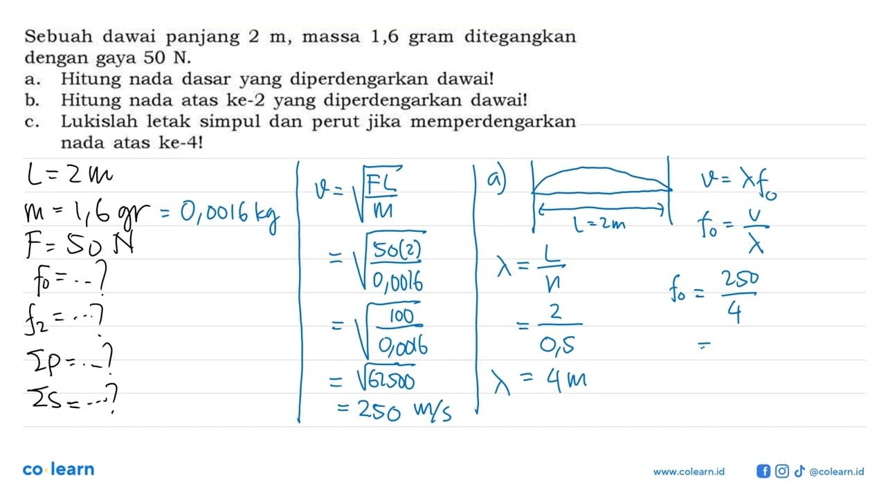 Sebuah dawai panjang 2 m, massa 1,6 gram ditegangkan dengan