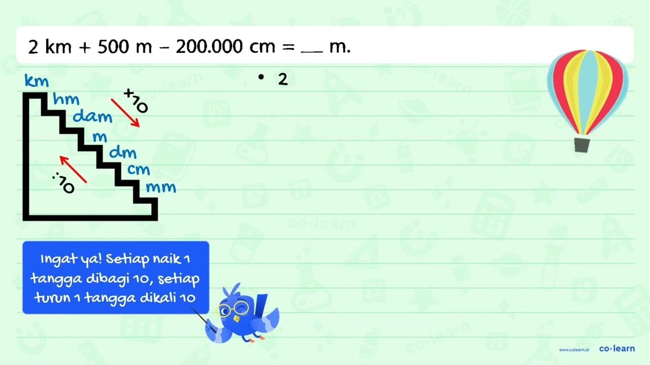 2 km + 500 m - 200.000 cm = _ m.