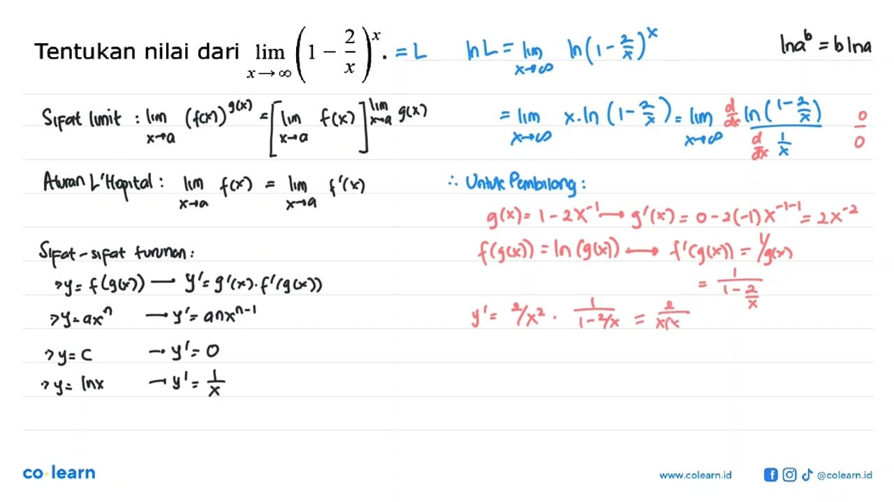 Tentukan nilai dari limit x mendekati tak hingga (1-2/x)^x.