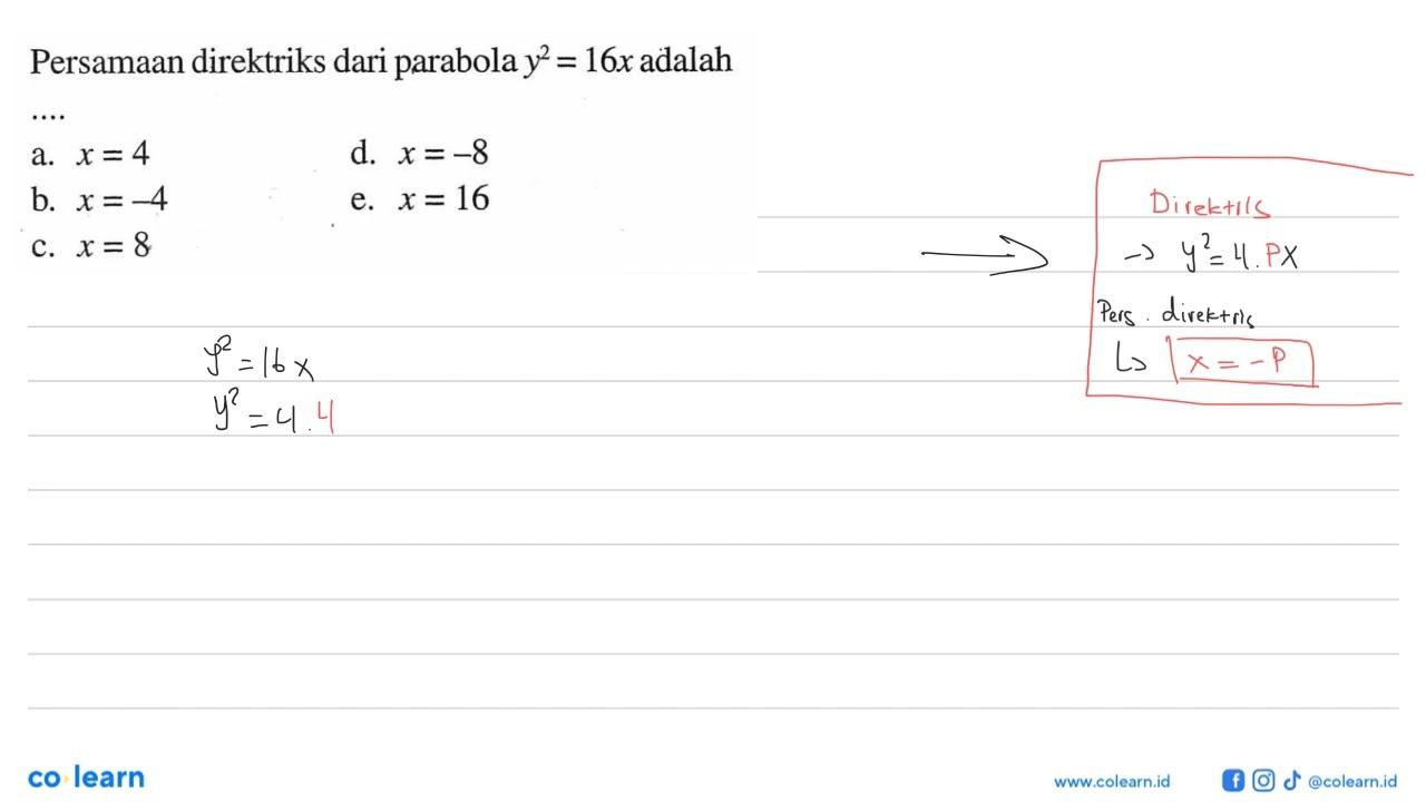 Persamaan direktriks dari parabola y^2=16x adalah ....