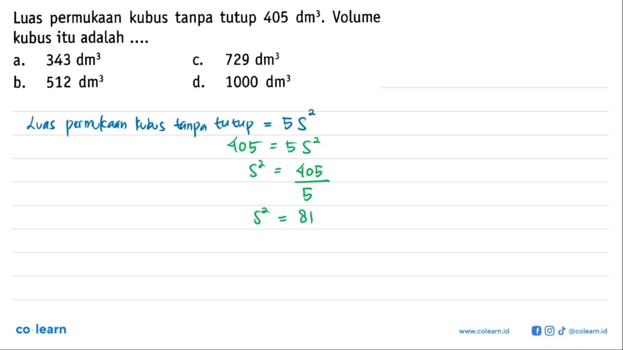 Luas permukaan kubus tanpa tutup 405 dm^3. Volume kubus itu