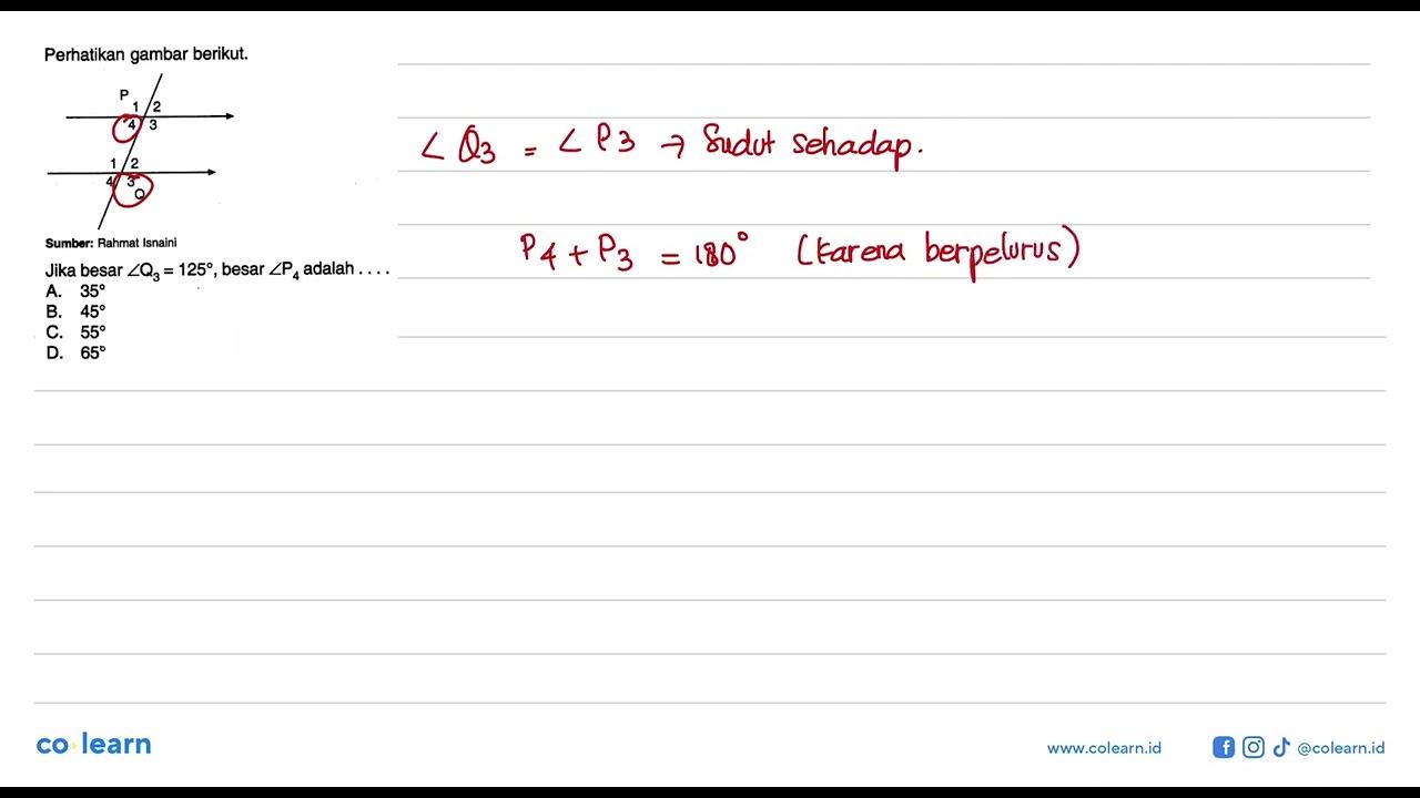 Perhatikan gambar berikut.Jika besar sudut Q3=125, besar