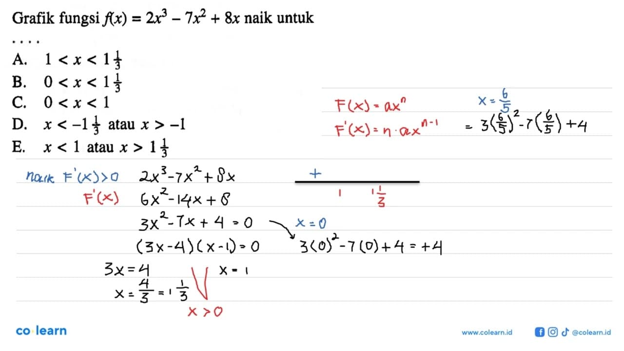 Grafik fungsi f(x)=2x^3-7x^2+8x naik untuk....