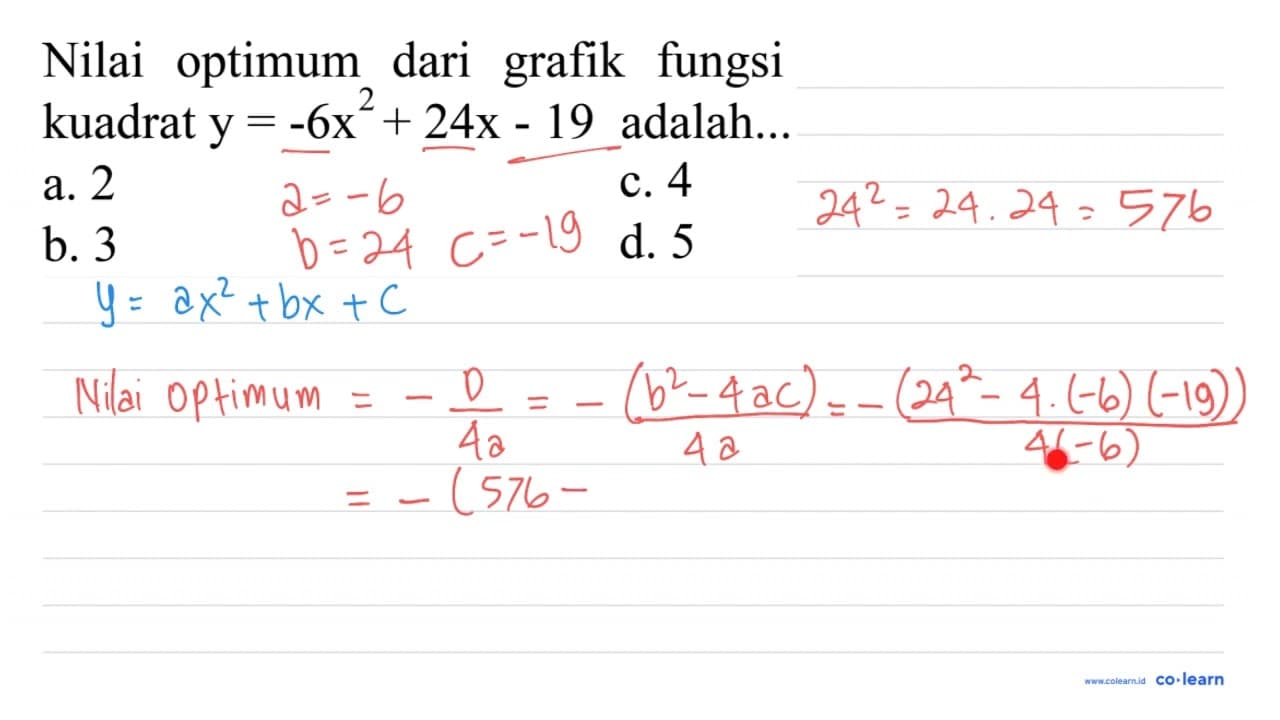 Nilai optimum dari grafik fungsi kuadrat y=-6 x^(2)+24 x-19