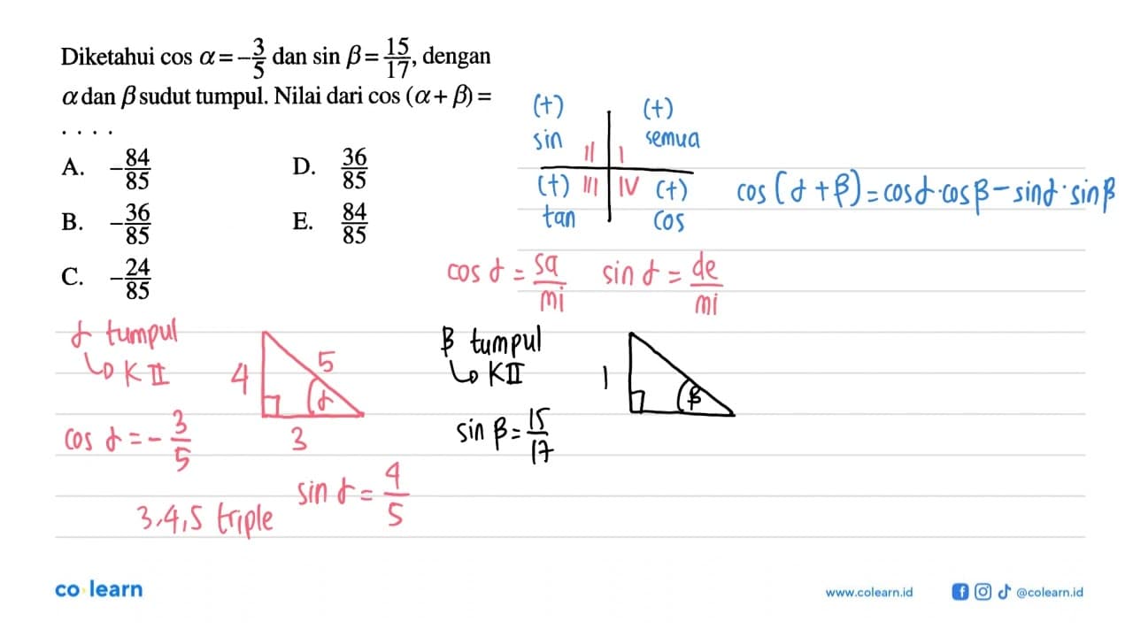 Diketahui cos alpha=-3/5 dan sin beta=15/17, dengan alpha