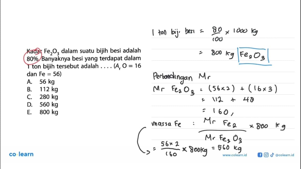 Kadar Fe2O3 dalam suatu bijih besi adalah 80%. Banyaknya