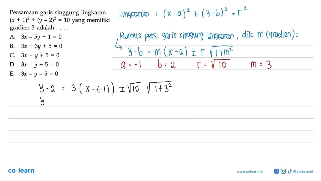 Persamaan garis singgung lingkaran (x+1)^2+(y-2)^2=10 yang