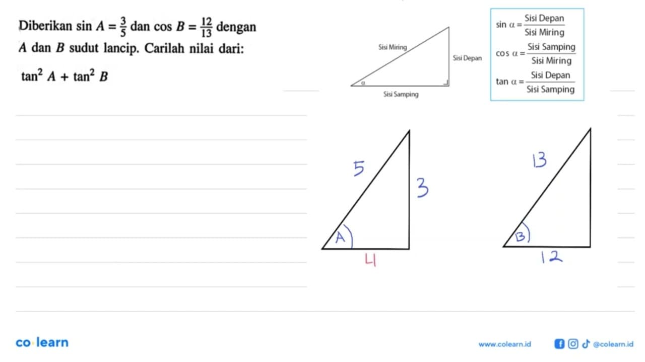 Diberikan sin A=3/5 dan cos B=12/13 dengan A dan B sudut