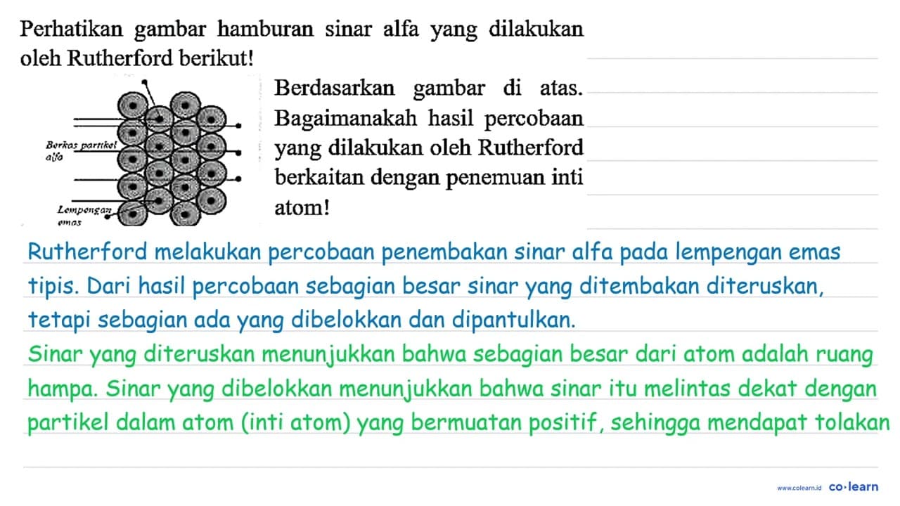 Perhatikan gambar hamburan sinar alfa yang dilakukan oleh