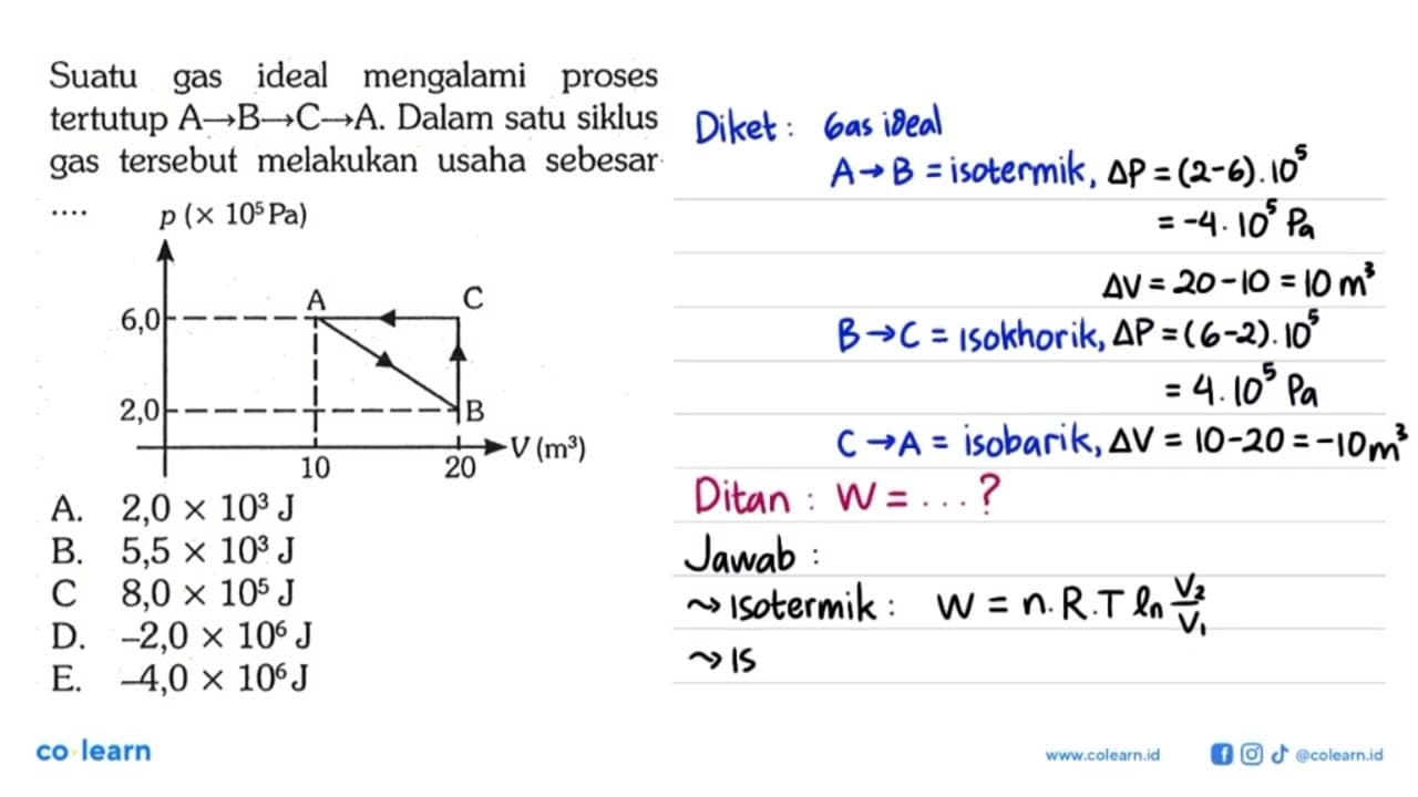 Suatu gas ideal mengalami proses tertutup A -> B -> C -> A.