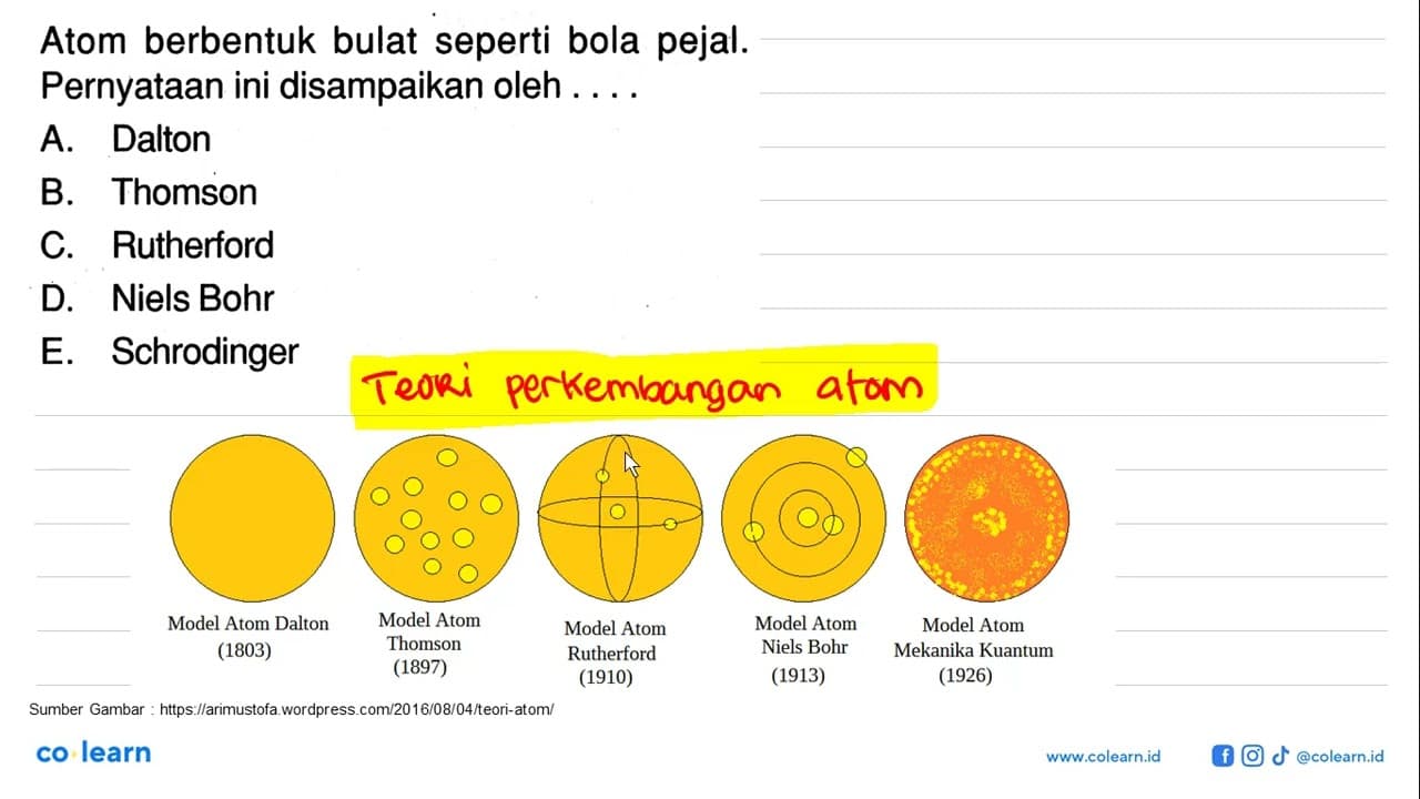 Atom berbentuk bulat seperti bola pejal. Pernyataan ini