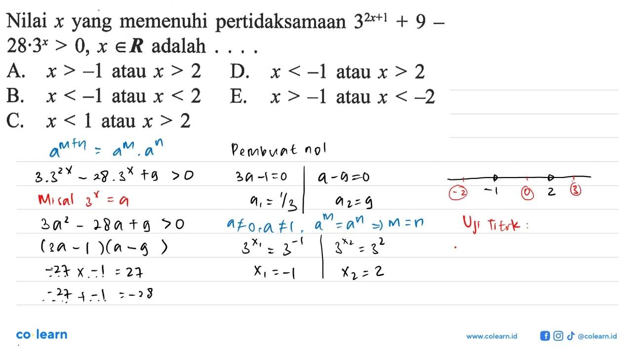 Nilai x yang memenuhi pertidaksamaan 3^(2x+1)+9=28.3^x>0, x