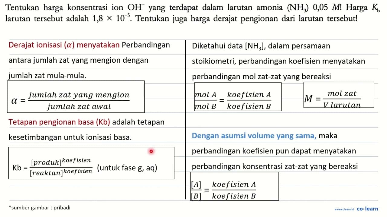 Tentukan harga konsentrasi ion OH^- yang terdapat dalam