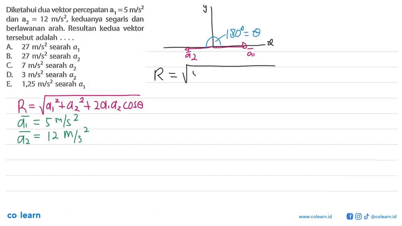 Diketahui dua vektor percepatan a1=5 m/s^2 dan a2=12 m/s^2,