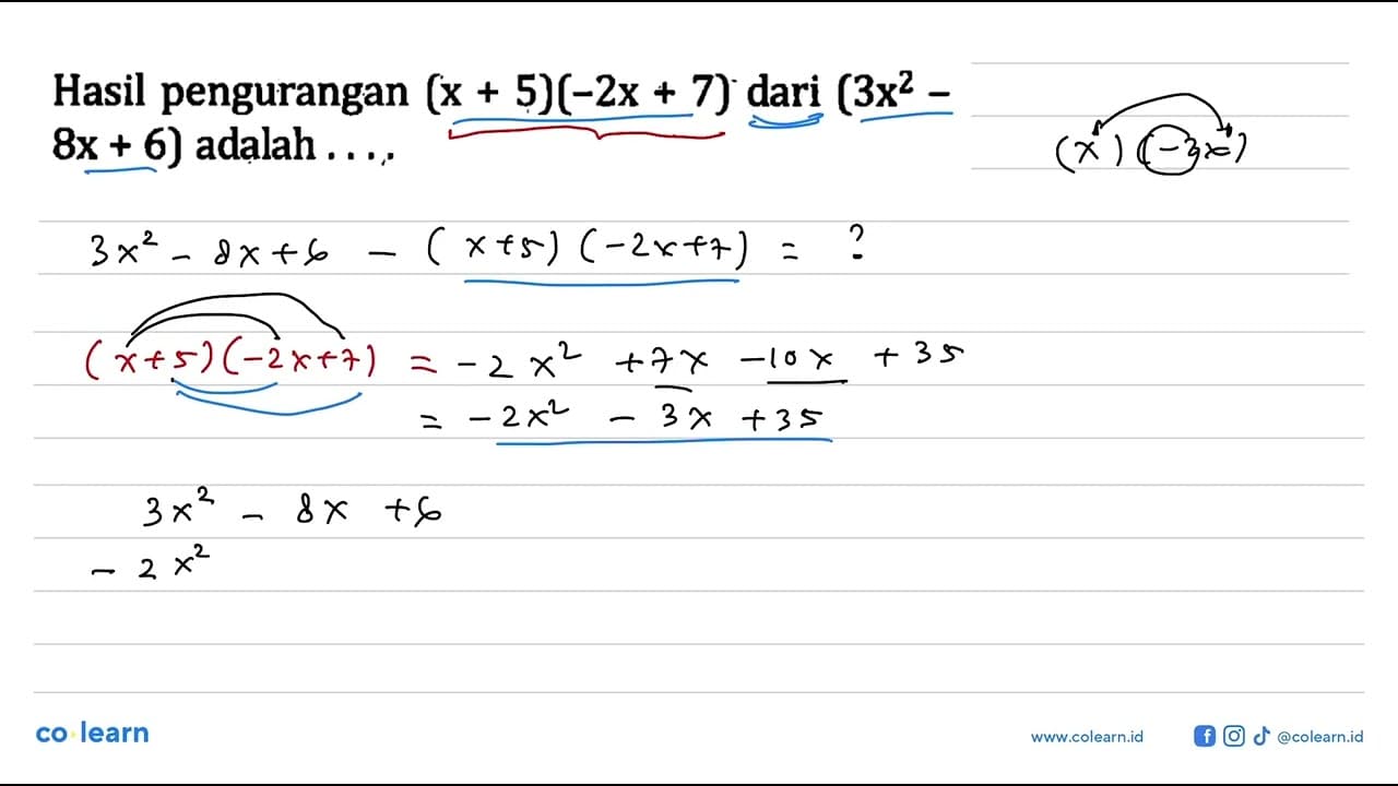 Hasil pengurangan (x + 5)(-2x + 7) dari (3x^2 - 8x + 6)