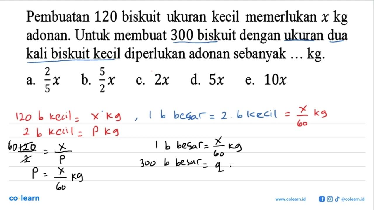 Pembuatan 120 biskuit ukuran kecil memerlukan x kg adonan.