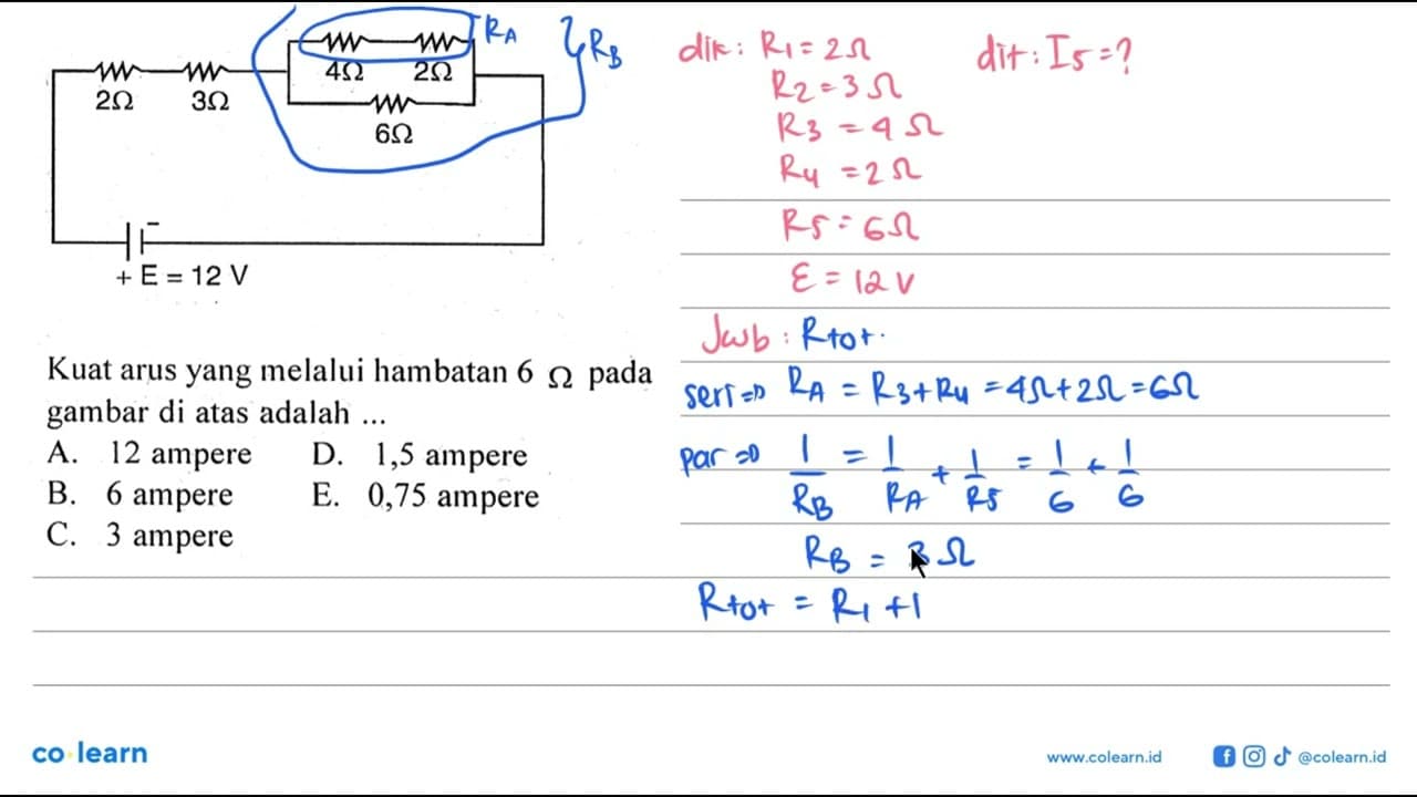 Kuat arus yang melalui hambatan 6 ohm pada gambar di atas