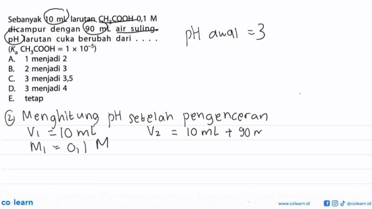 Sebanyak 10 mL larutan CH3COOH 0,1 M dicampur dengan 90 mL