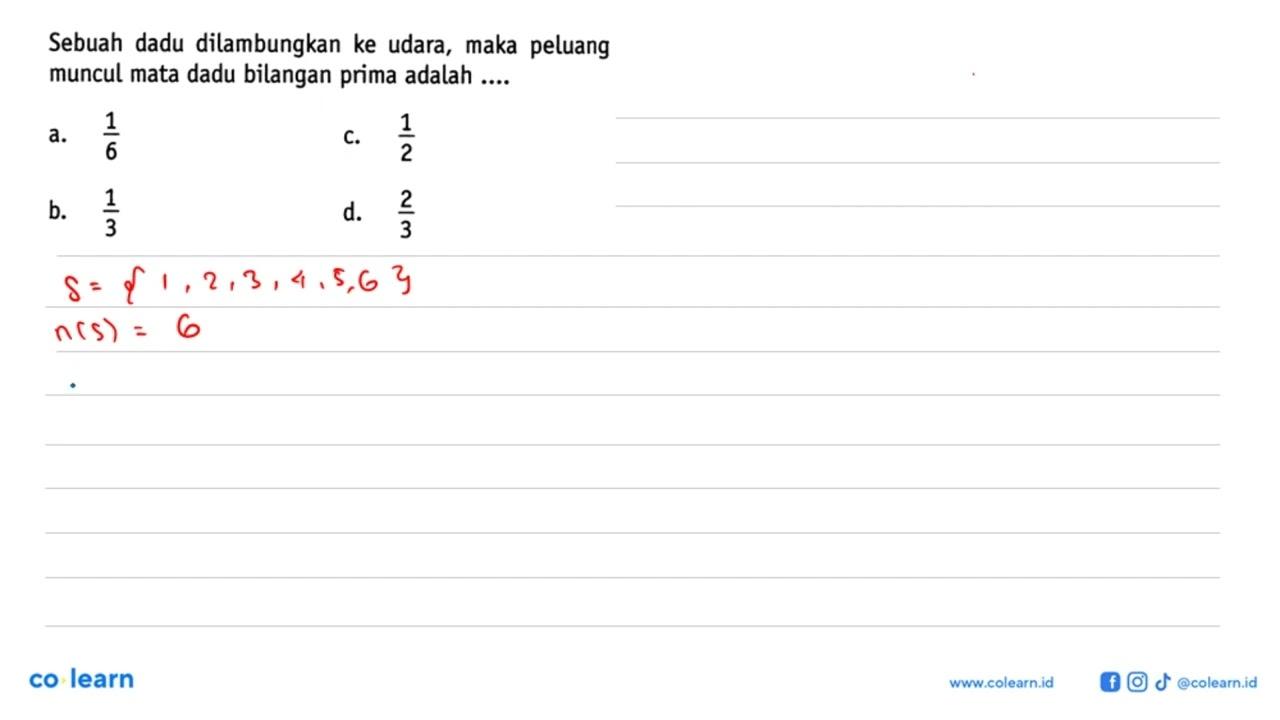 Sebuah dadu dilambungkan ke udara, maka peluang muncul mata