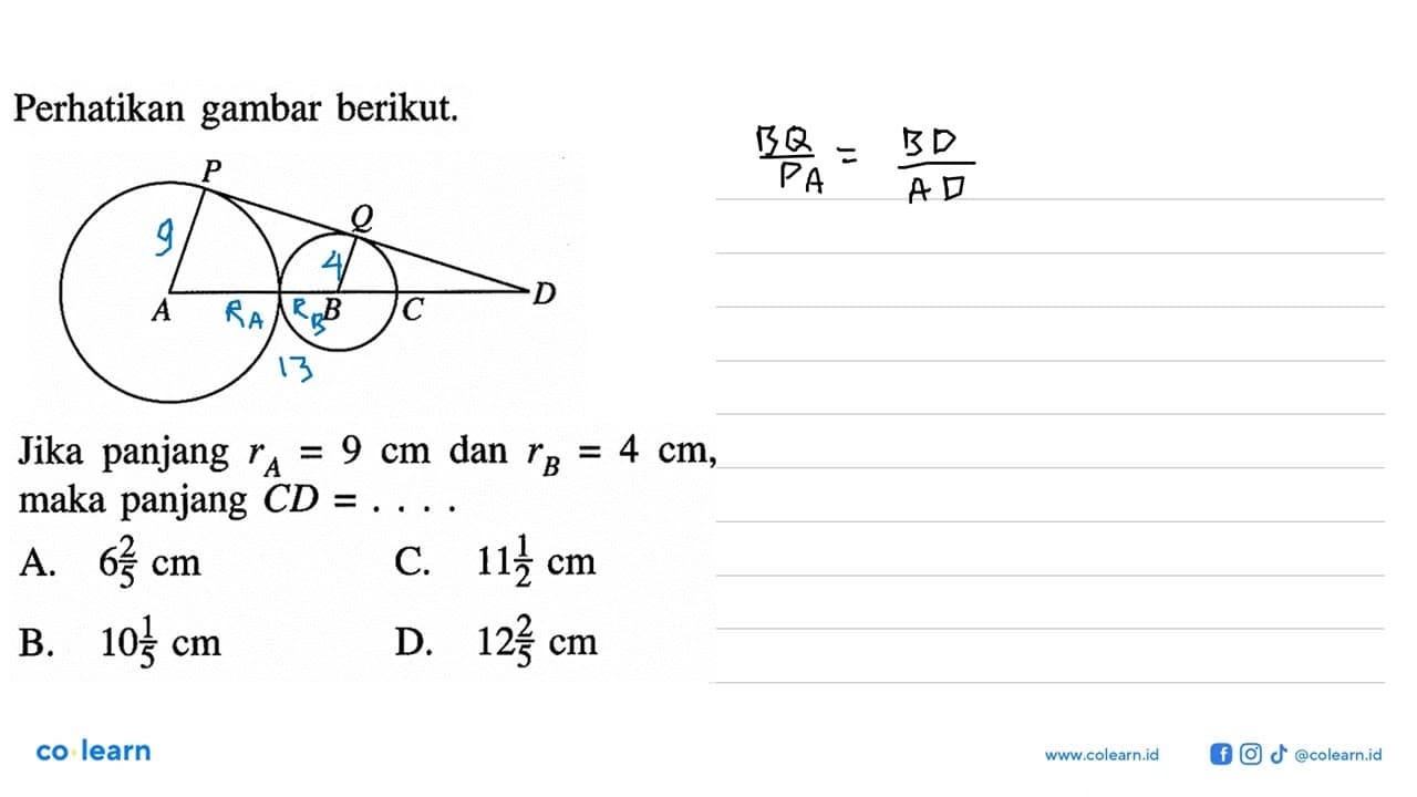 Perhatikan gambar berikut.Jika panjang rA=9 cm dan rB=4 cm,