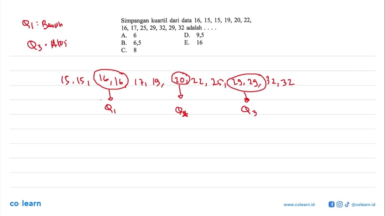 Simpangan kuartil dari data 16, 15, 15, 19, 20, 22, 16,