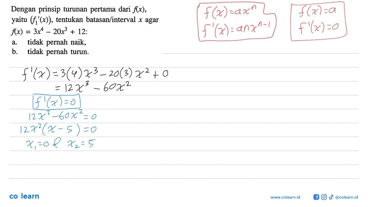 Dengan prinsip turunan pertama dari f(x) , yaitu (f1'(x)) ,