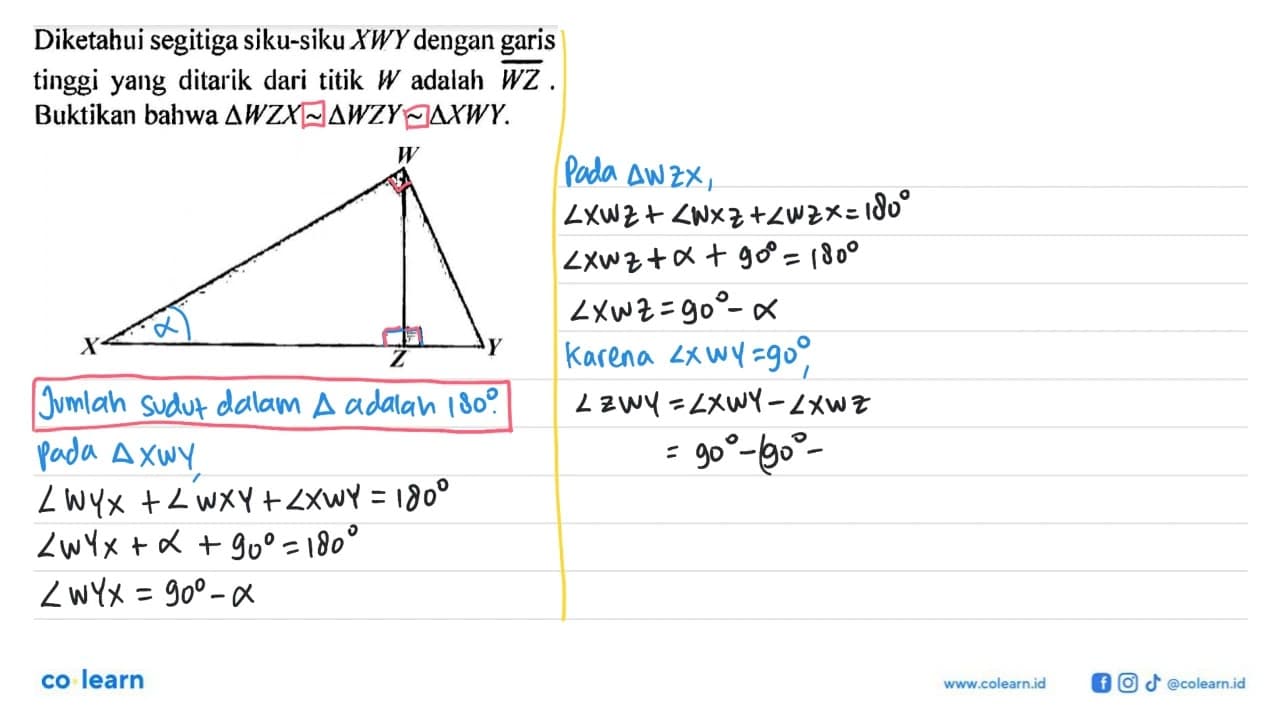 Diketahui segitiga siku-siku XWY dengan garis tinggi yang