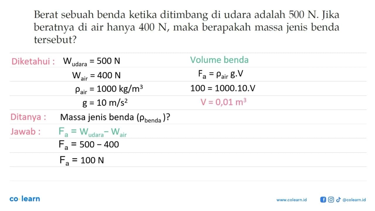 Berat sebuah benda ketika ditimbang di udara adalah 500 N.