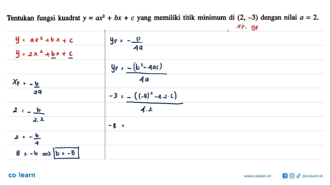 Tentukan fungsi kuadrat y = ax^2 + bx + c yang memiliki