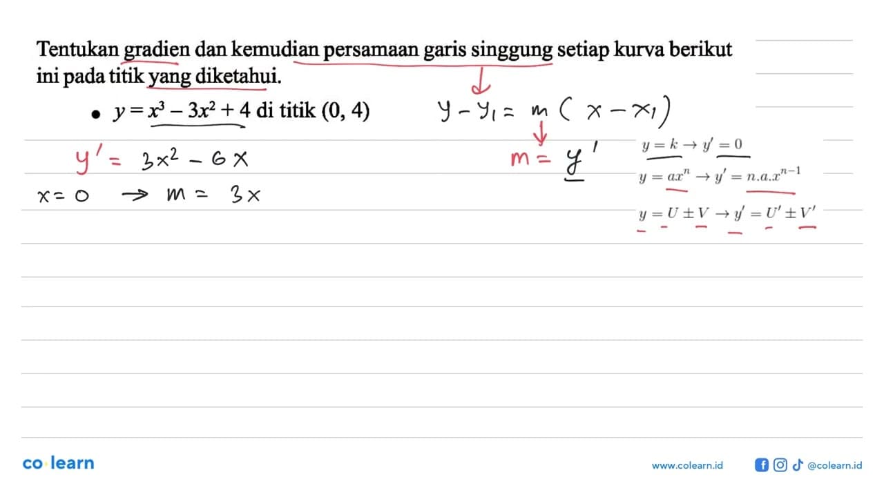 Tentukan gradien dan kemudian persamaan garis singgung