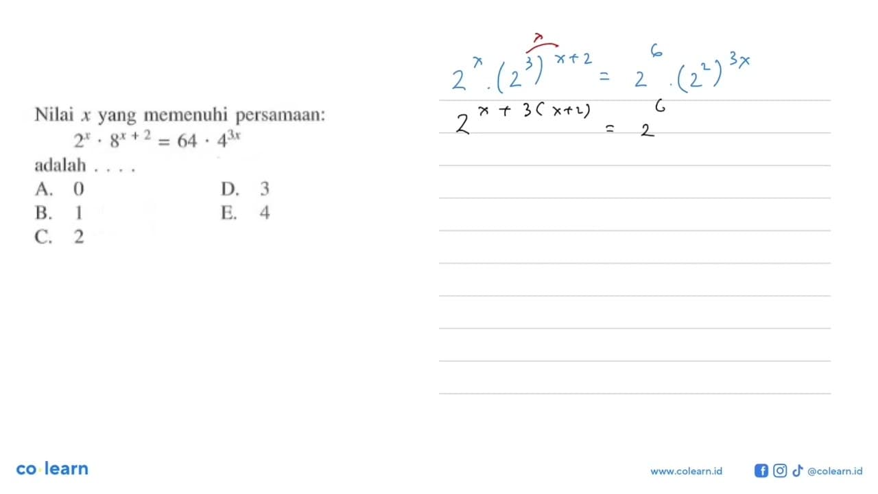 Nilai x yang memenuhi persamaan: 2^x . 8^(x+2) = 64 .