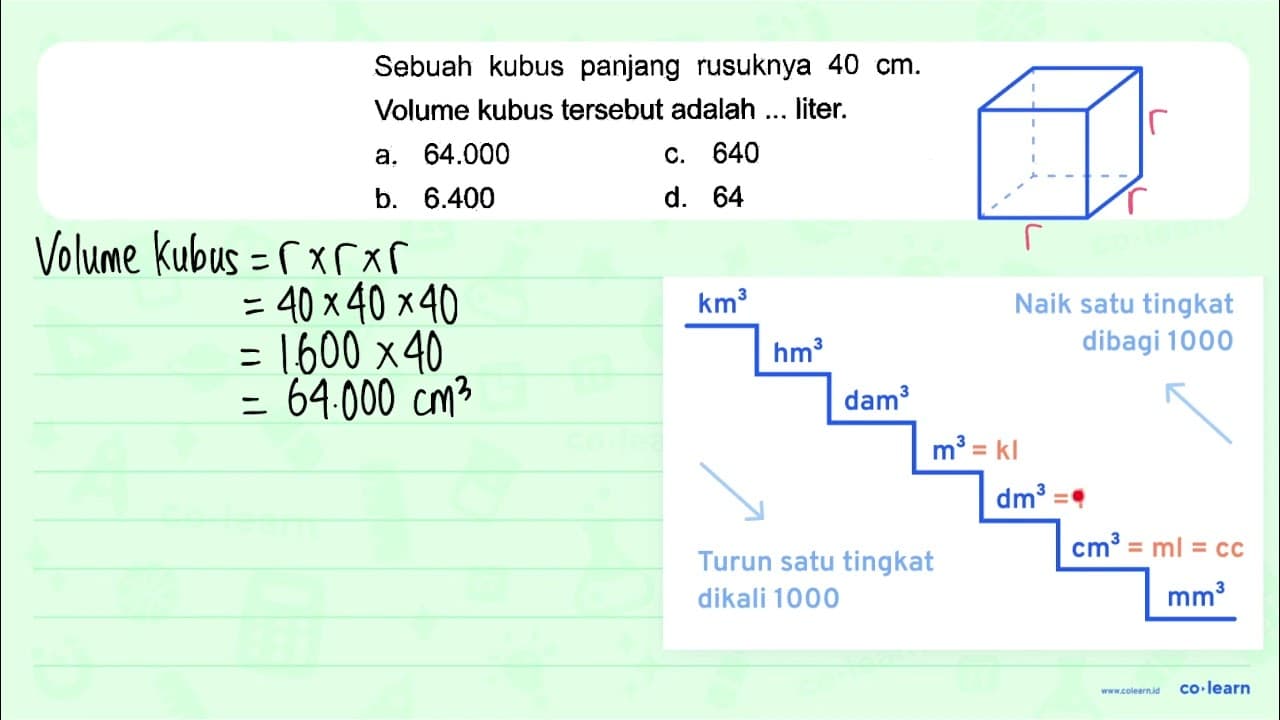 Sebuah kubus panjang rusuknya 40 cm. Volume kubus tersebut