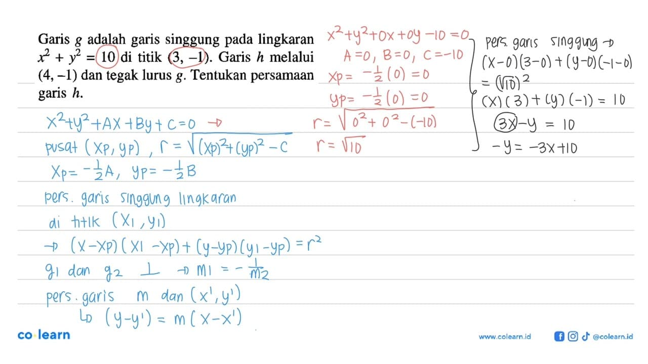 Garis g adalah garis singgung pada lingkaran x^2+y^2=10 di