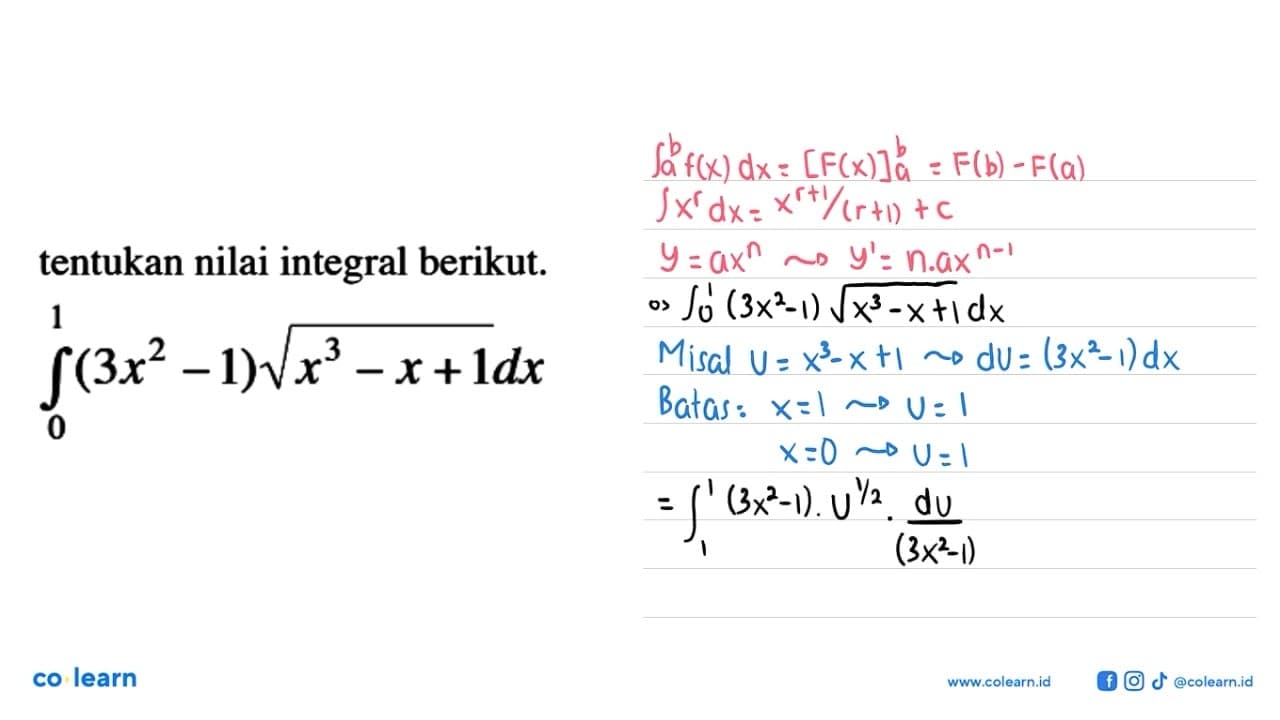 tentukan nilai integral berikut. integral 0 1 (3 x^(2)-1)