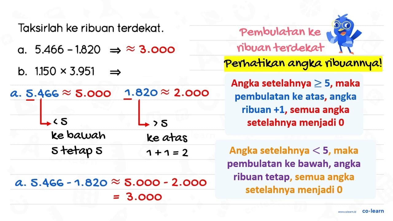 Taksirlah ke ribuan terdekat. a. 5.466-1.820 -> b. 1.150 x