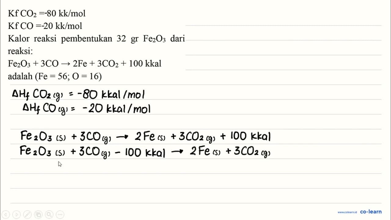 Kf CO_(2)=80 kk / mol KfCO=20 kk / mol Kalor reaksi