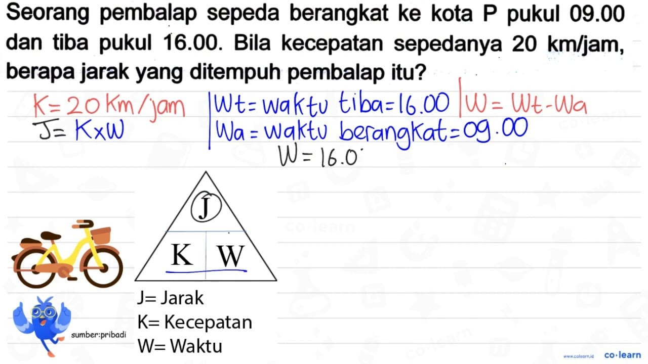 Seorang pembalap sepeda berangkat ke kota P pukul 09.00 dan