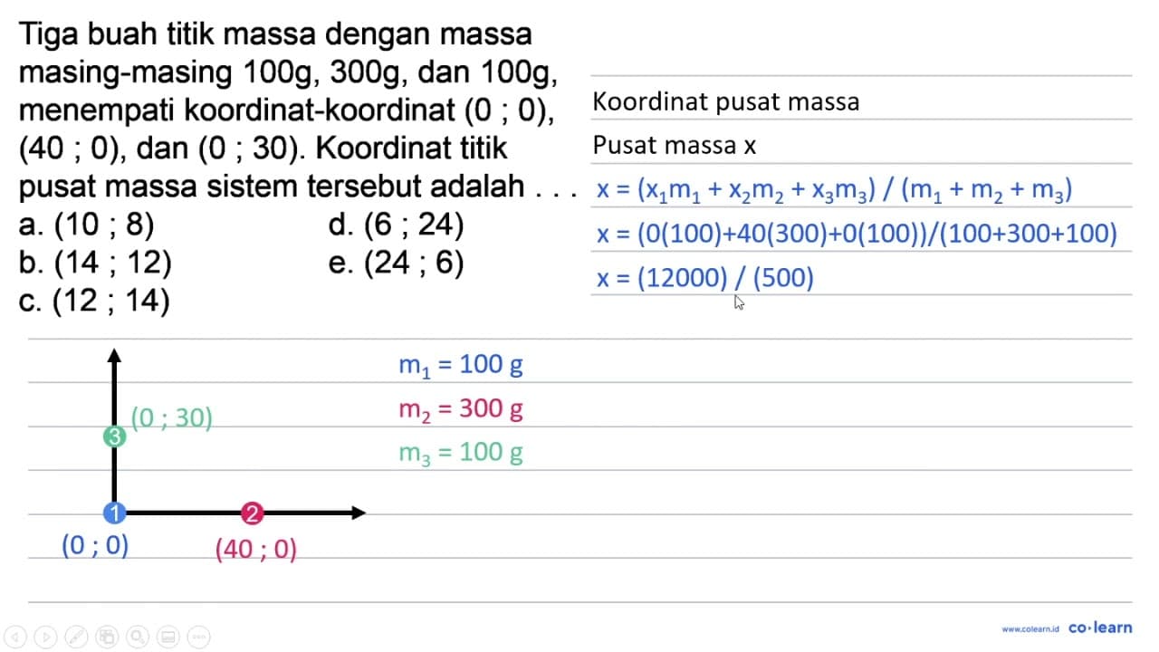 Tiga buah titik massa dengan massa masing-masing 100 g, 300