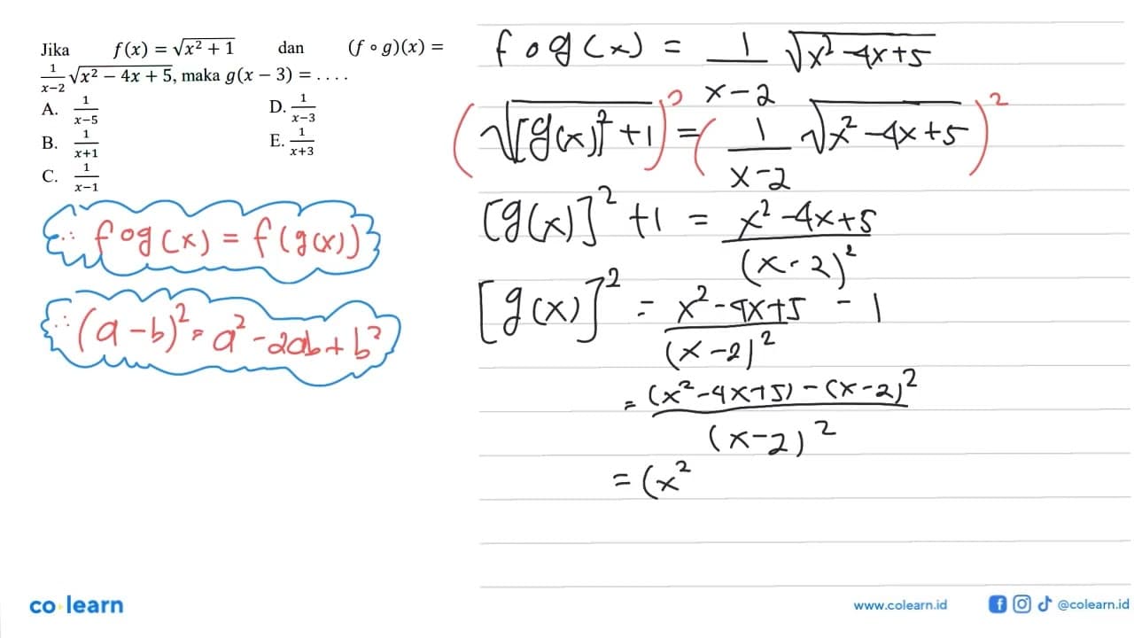 Jika f(x)=akar(x^2+1) dan (fog)(x)= 1/ (x-2) akar(x^2-4