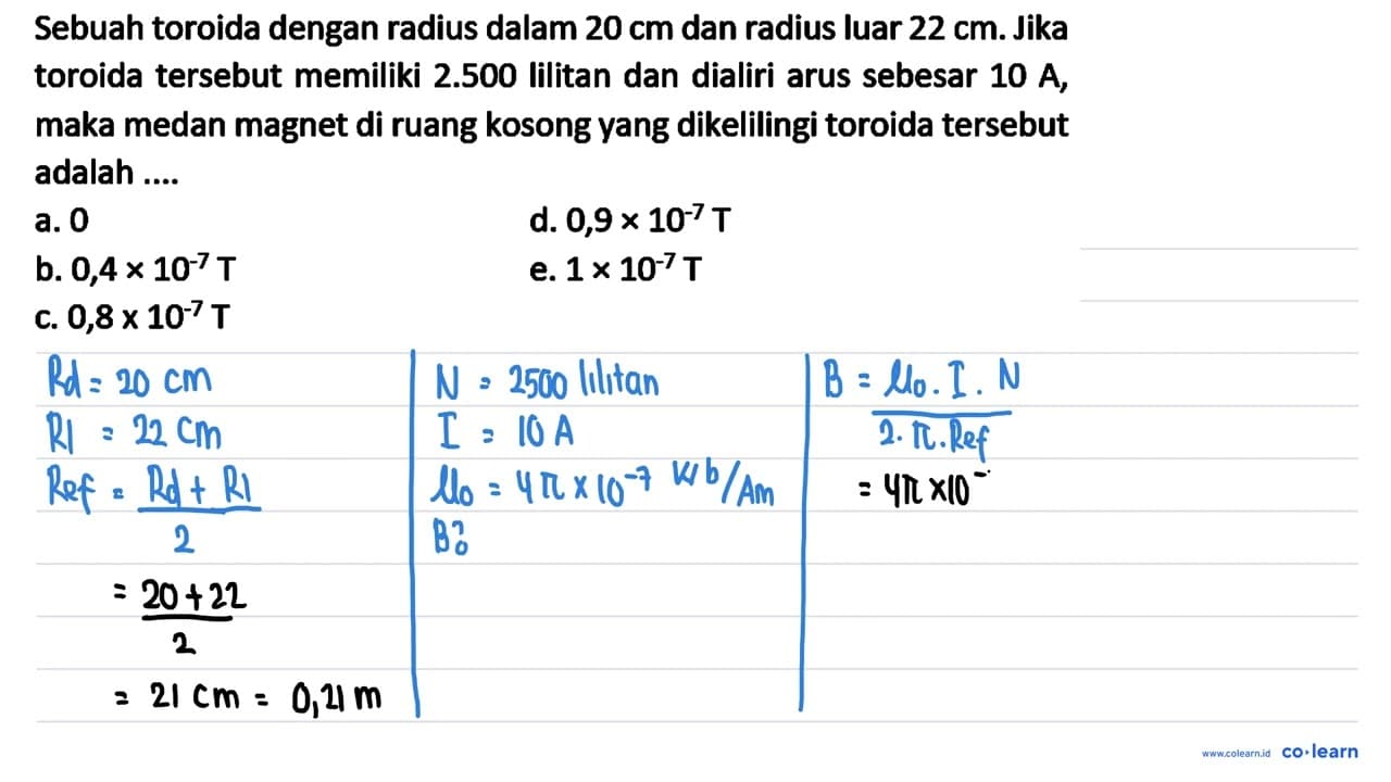 Sebuah toroida dengan radius dalam 20 cm dan radius luar 22