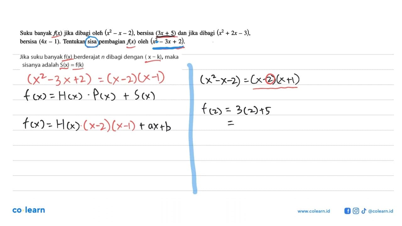 Suku banyak fx) jika dibagi oleh (x^2-x-2), bersisa (3x+5)